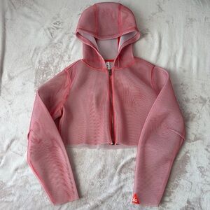 Alo Yoga Mode Jacket Red Gray Mesh Cropped Zip Hoodie Size S Sheer